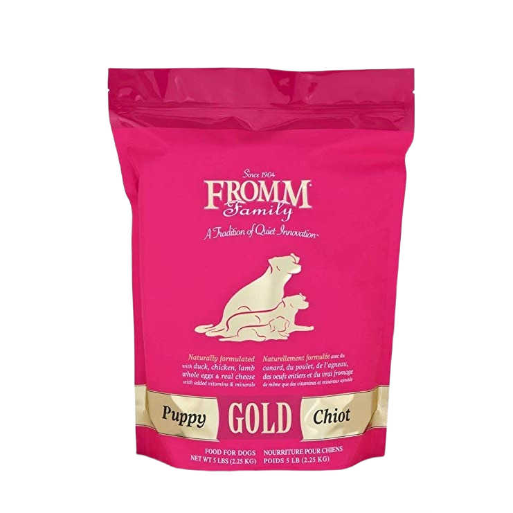 Bright pink bag of puppy gold dry dog food with images of dogs on front for pet food and supplies collections