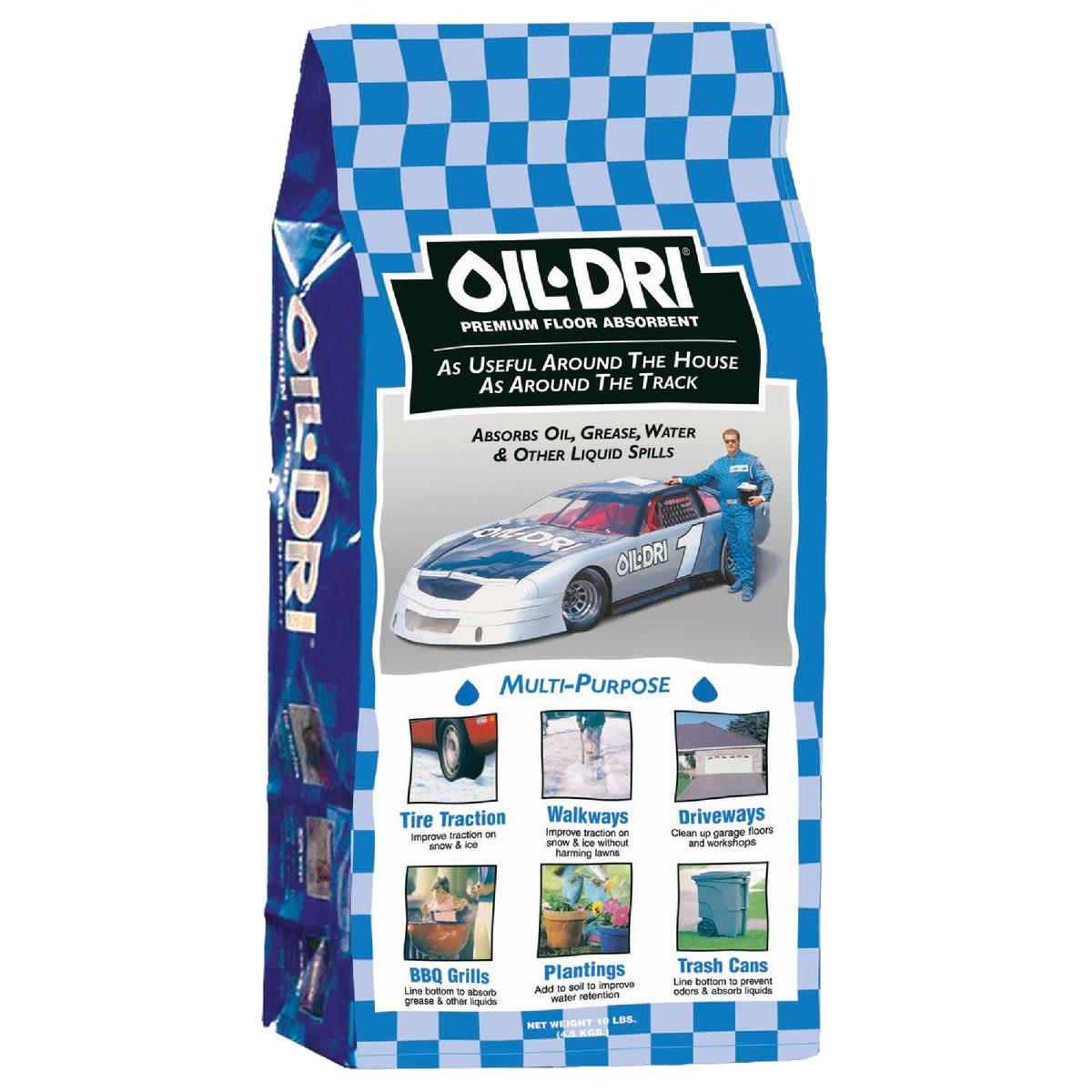 Blue checkered bag of oil absorbent showing automotive and home use applications in tools and automotive collections under $50
