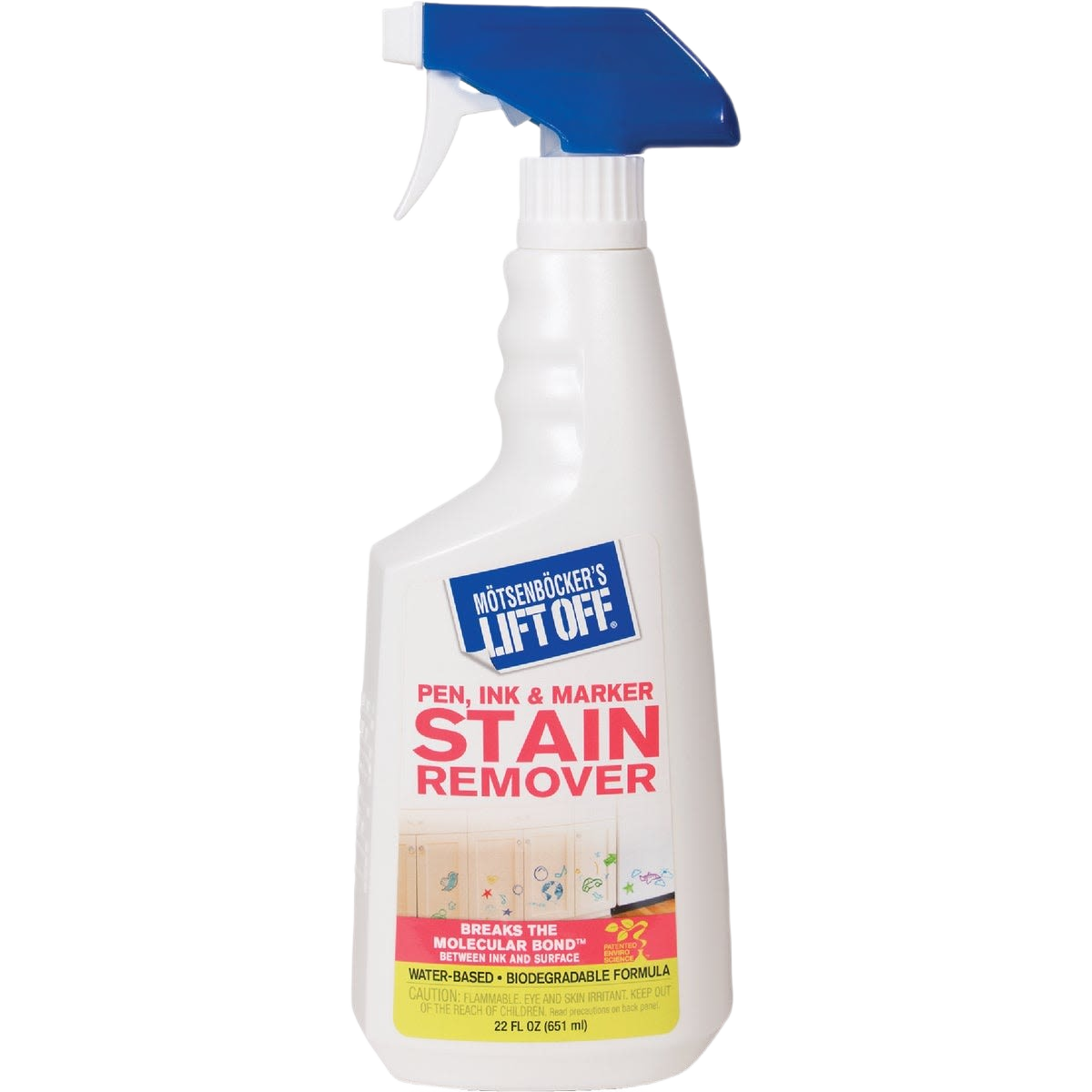 Spray bottle of pen, ink, and marker stain remover with biodegradable formula for cleaning supplies and home improvement use