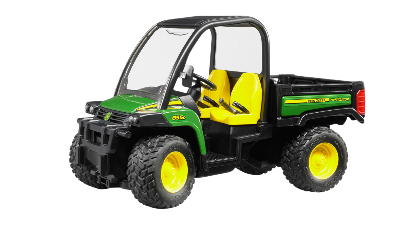 Green and yellow utility vehicle toy with open cabin, rugged tires, and cargo bed for outdoor imaginative play