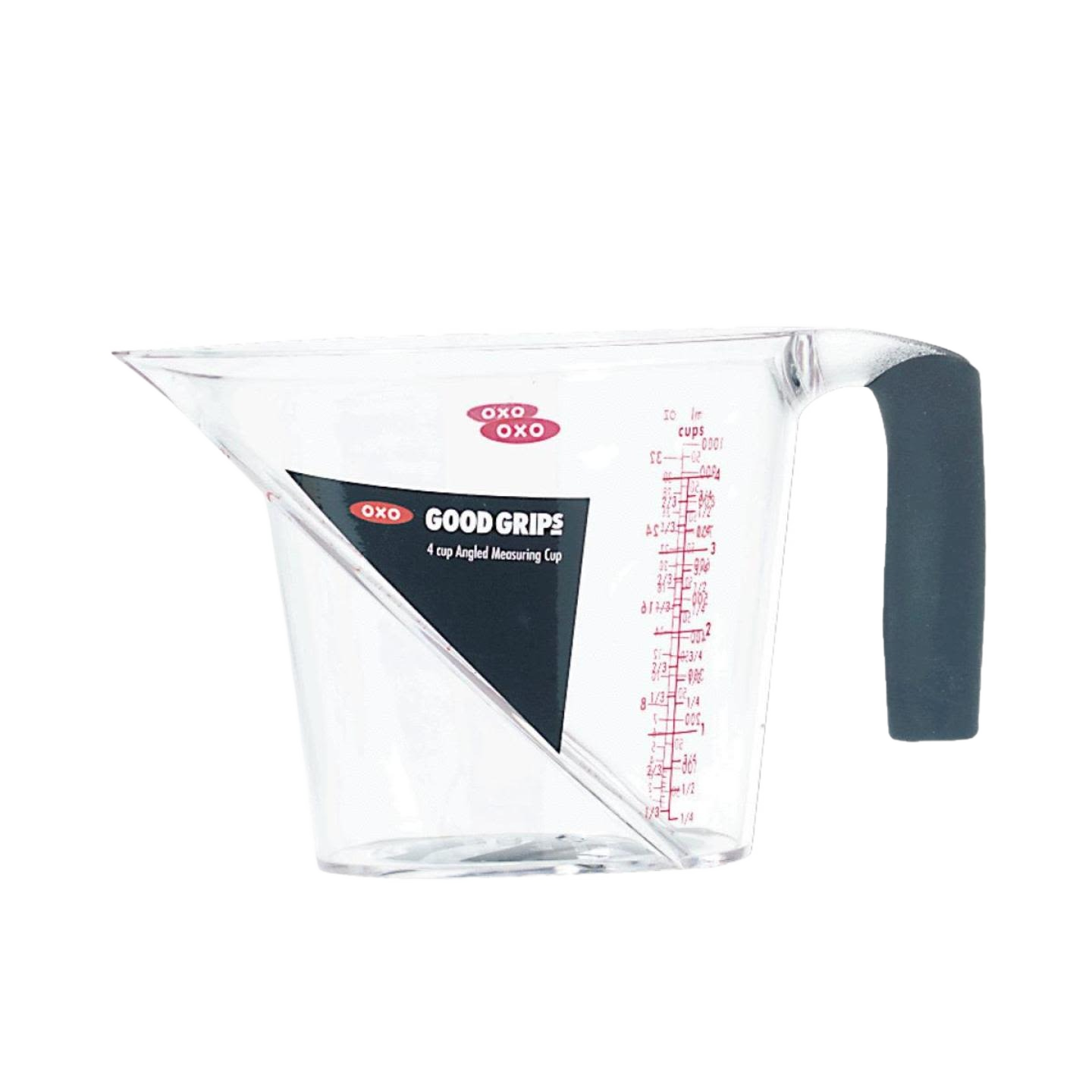 Clear angled measuring cup with black grip handle and red measurement markings in kitchenware collection