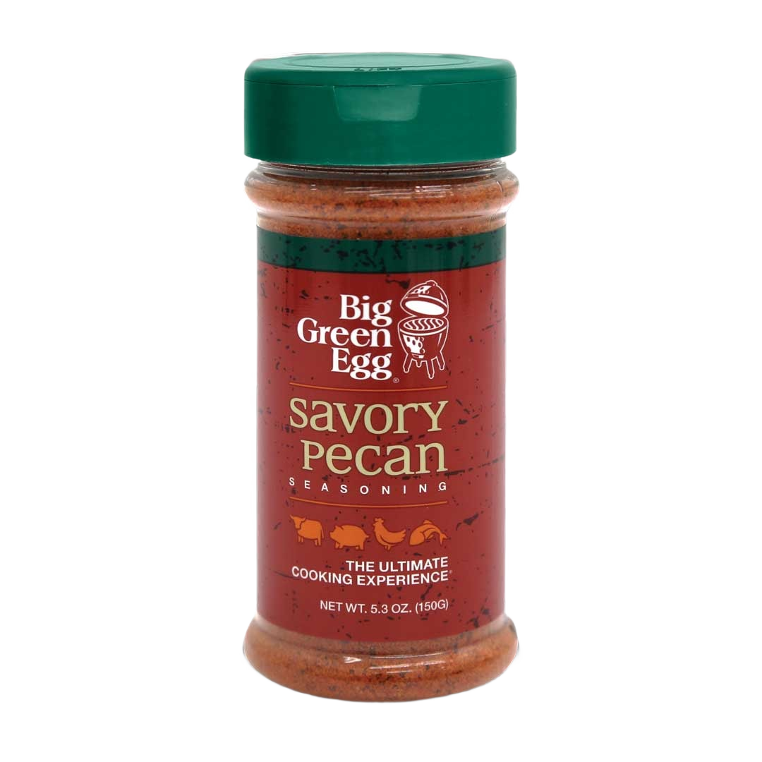 5.3 oz container of savory pecan seasoning with green lid for grilling and BBQ sauces collection