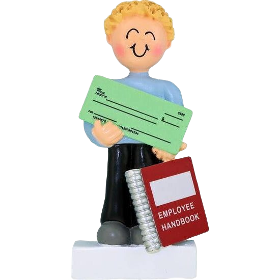 Blonde male figurine holding paycheck and employee handbook in Christmas Ornaments & Tree Decorations collection