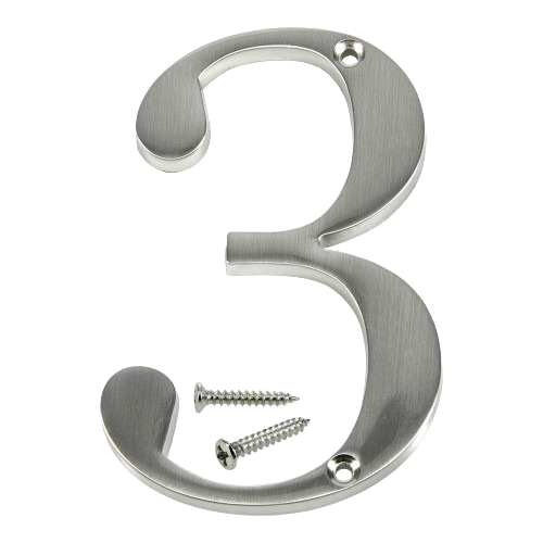 Flush mount metal number 3 with a brushed nickel finish and included mounting screws for home improvement projects