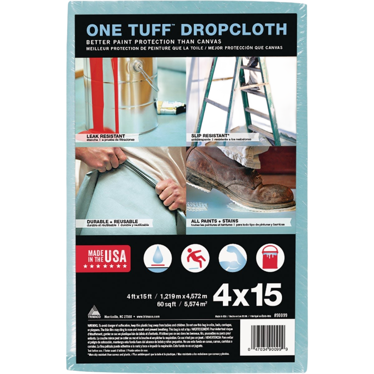 Trimaco One Tuff heavy-duty drop cloth in packaging showing features for drop cloths & covering under $50 collections