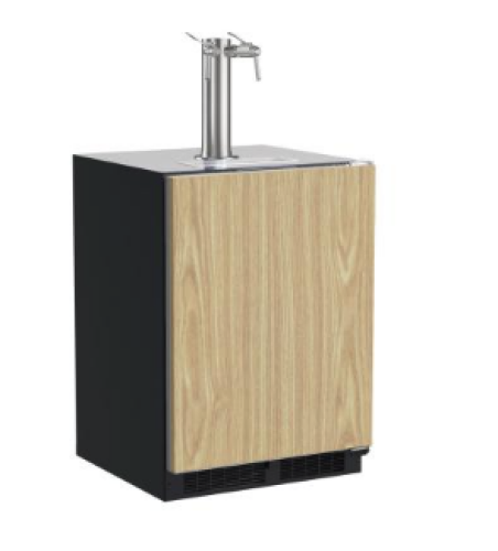 Built-in beverage dispenser with single tap, wood panel door, reversible design from kitchen appliances collection