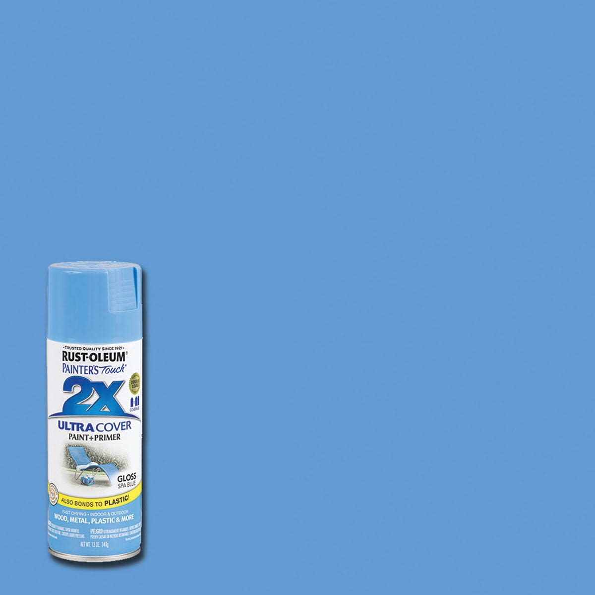 Glossy spa blue spray paint can with primer for durable coverage in home improvement projects