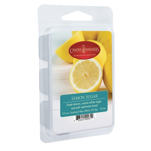 Plastic clamshell packaging of lemon sugar scented wax melts with fresh lemon image on label for home fragrance use