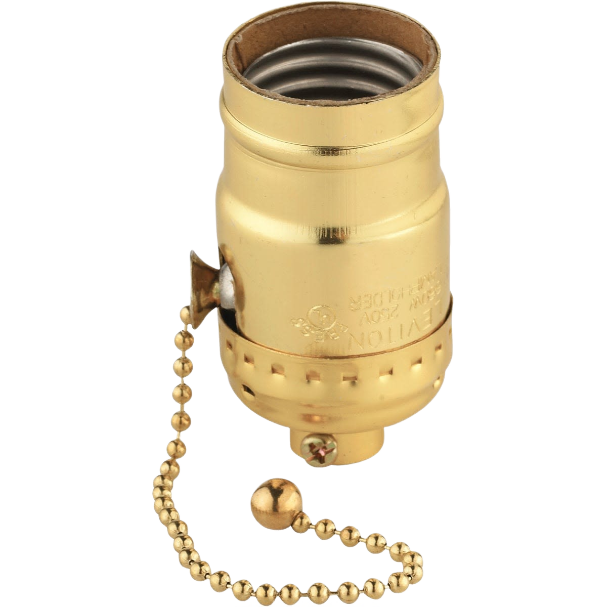 Polished gilt brass pull chain lamp socket with phenolic interior and push-button operation for home electrical use