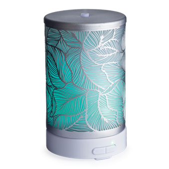 Cylindrical silverleaf diffuser with illuminated decorative leaf pattern and simple control switch for home use