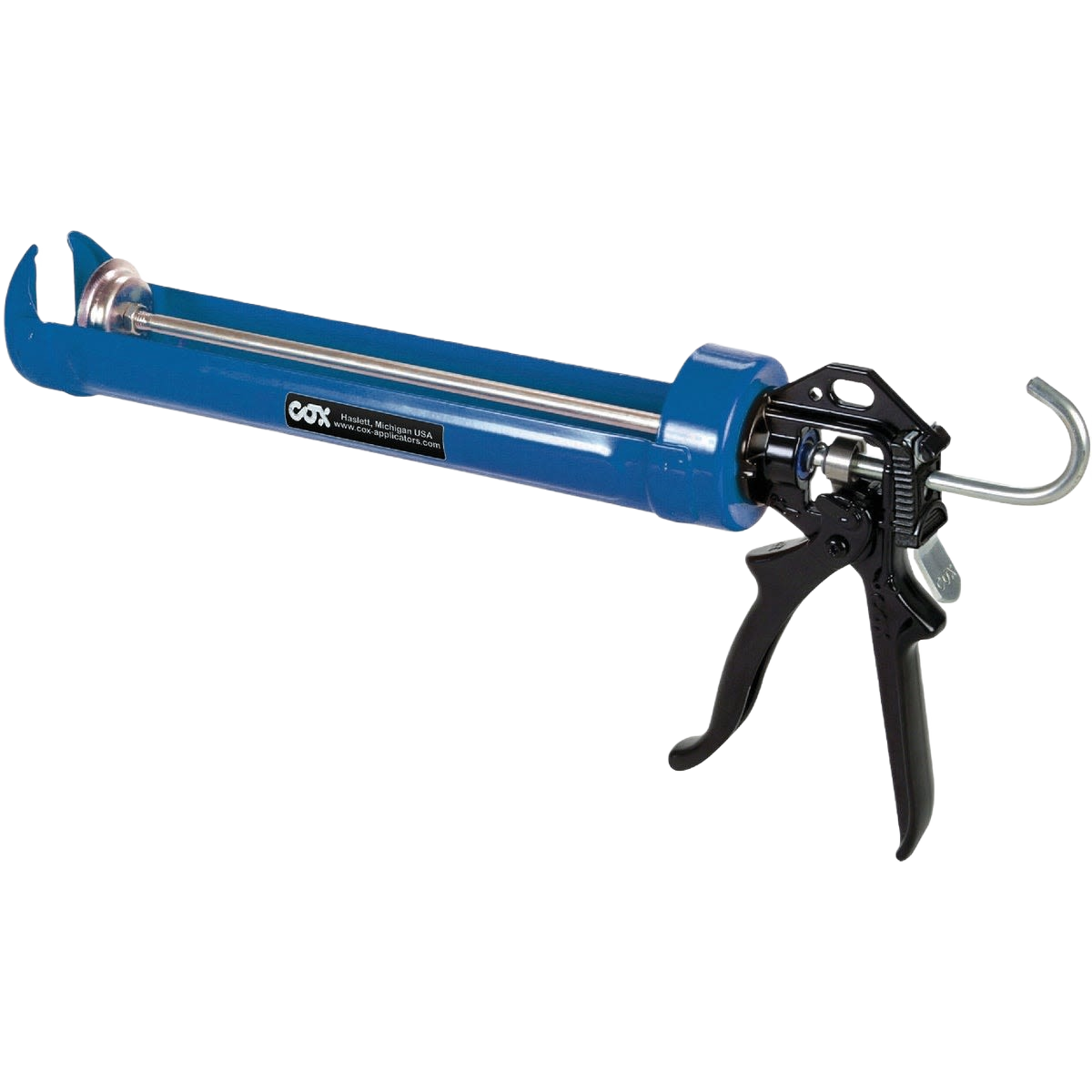 Blue professional-grade cradle caulk gun with metal frame and black trigger handle for home improvement tasks