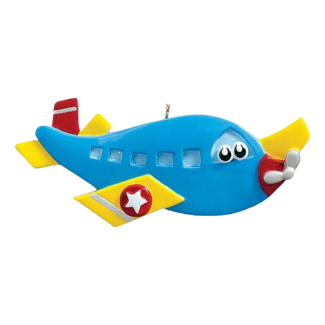 Blue airplane toy ornament with yellow wings and red accents for Christmas Ornaments & Tree Decorations collection under $50