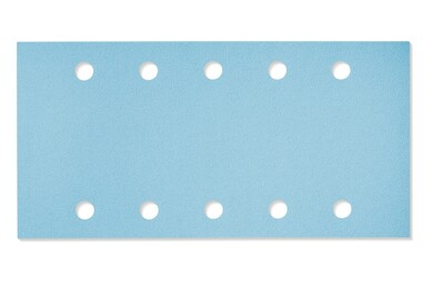 Blue rectangular sanding sheet with perforated holes for dust extraction, used in power tool accessories collections.