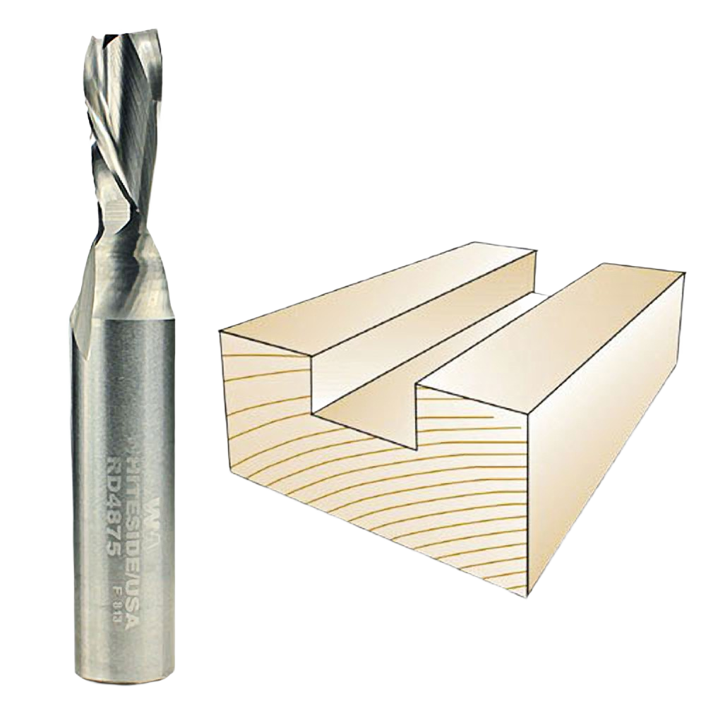 Spiral downcut bit with sharp flutes beside wooden groove sample for home improvement and tool accessories collections