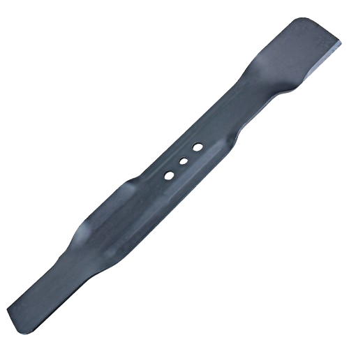 Standard black metal lawn mower blade with central mounting holes for precise cutting in home lawn care tasks