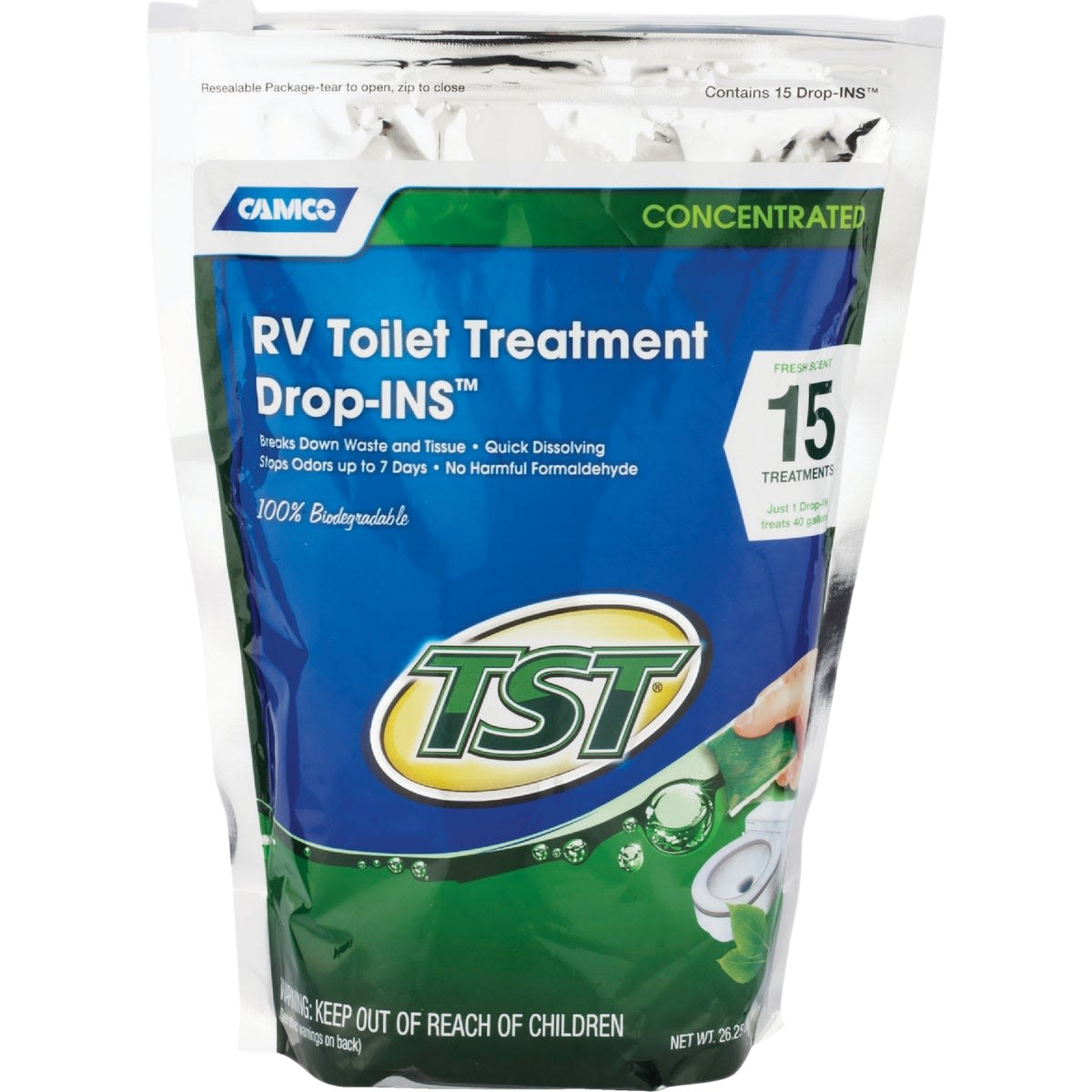 Resealable bag of concentrated toilet bowl cleaner drop-ins for RV tanks and waste treatment with biodegradable formula