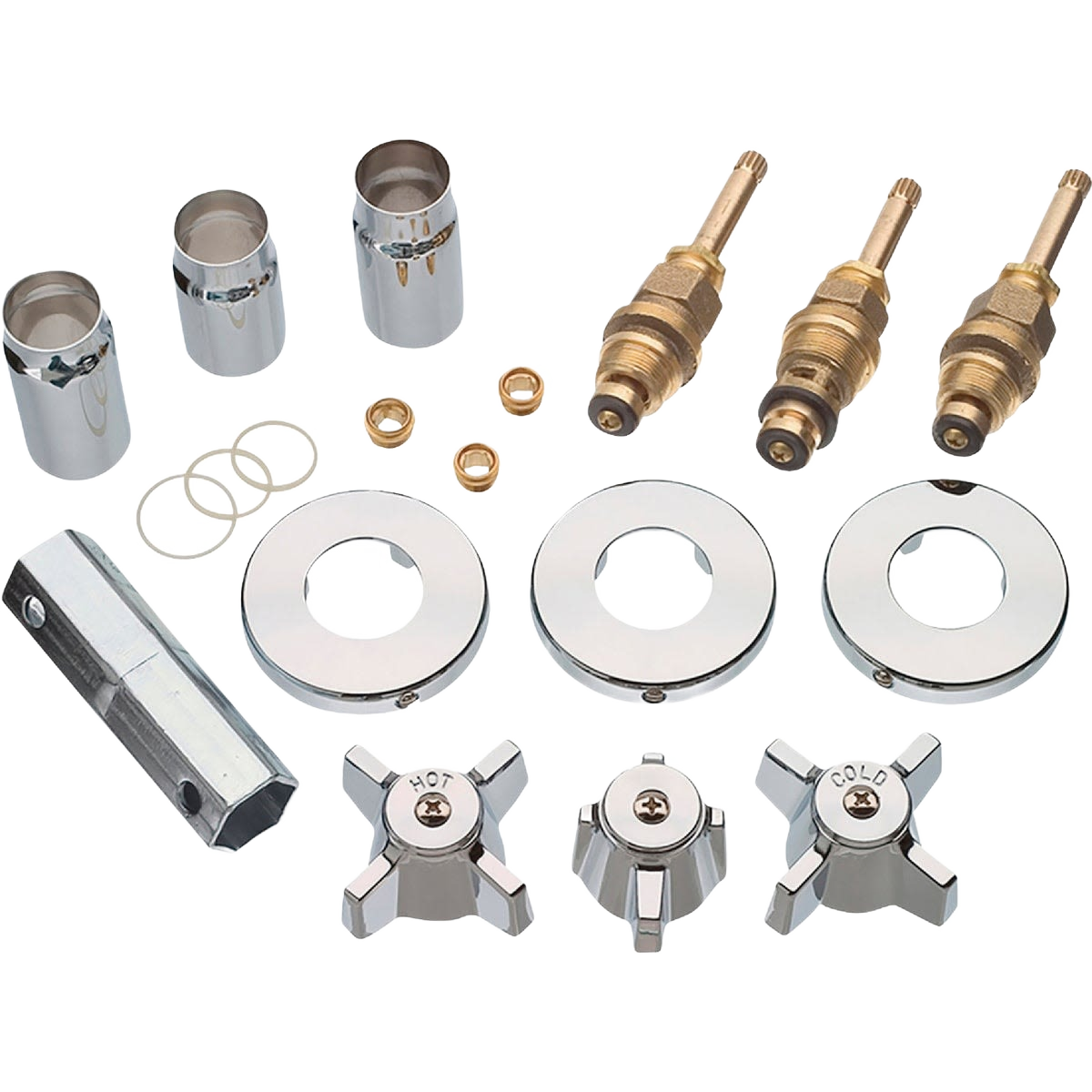 Chrome-finished replacement faucet valves, handles, and hardware components for home improvement and plumbing repair tasks