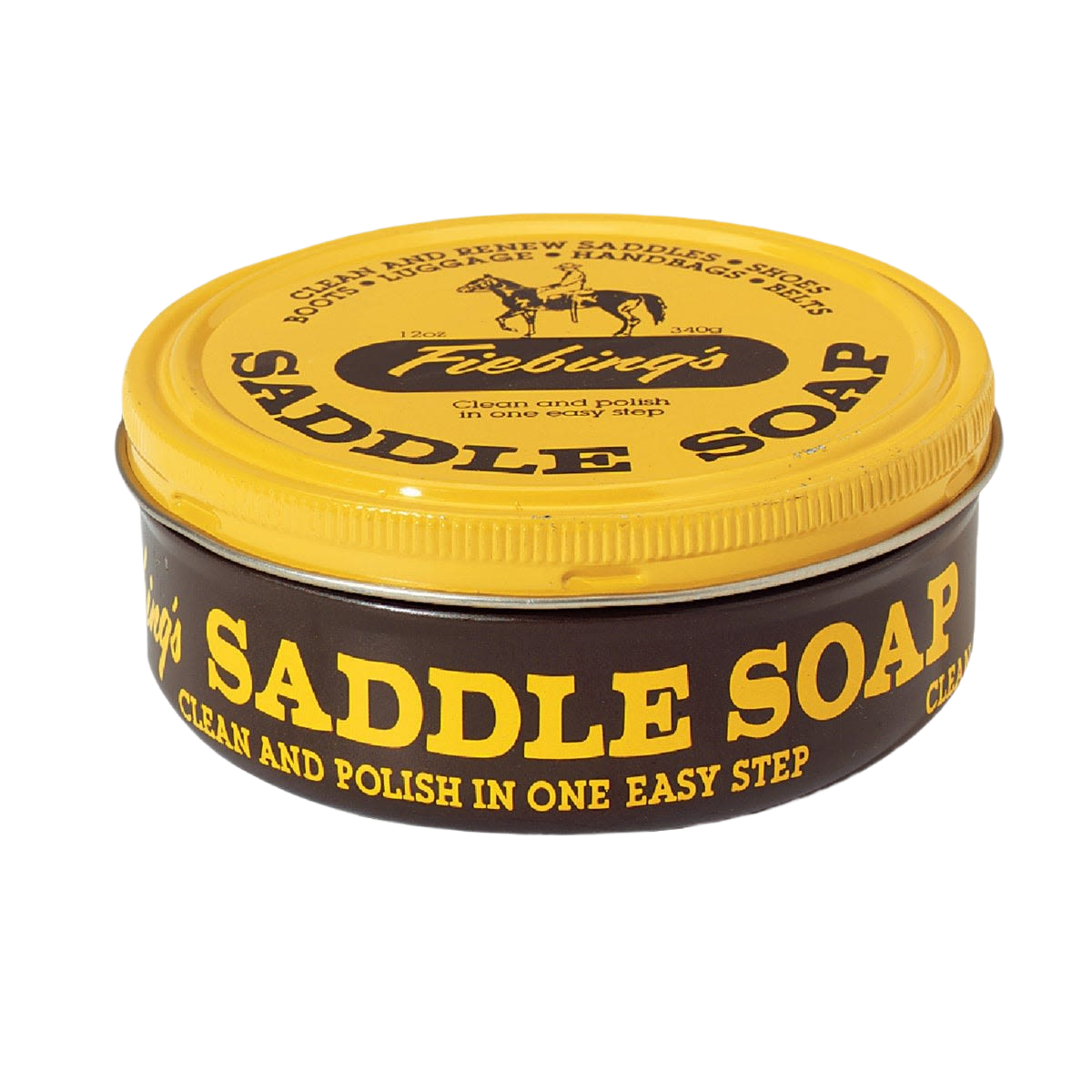 Round tin of leather cleaning and polishing soap in yellow and brown packaging for footwear and saddlery care under $50 collection