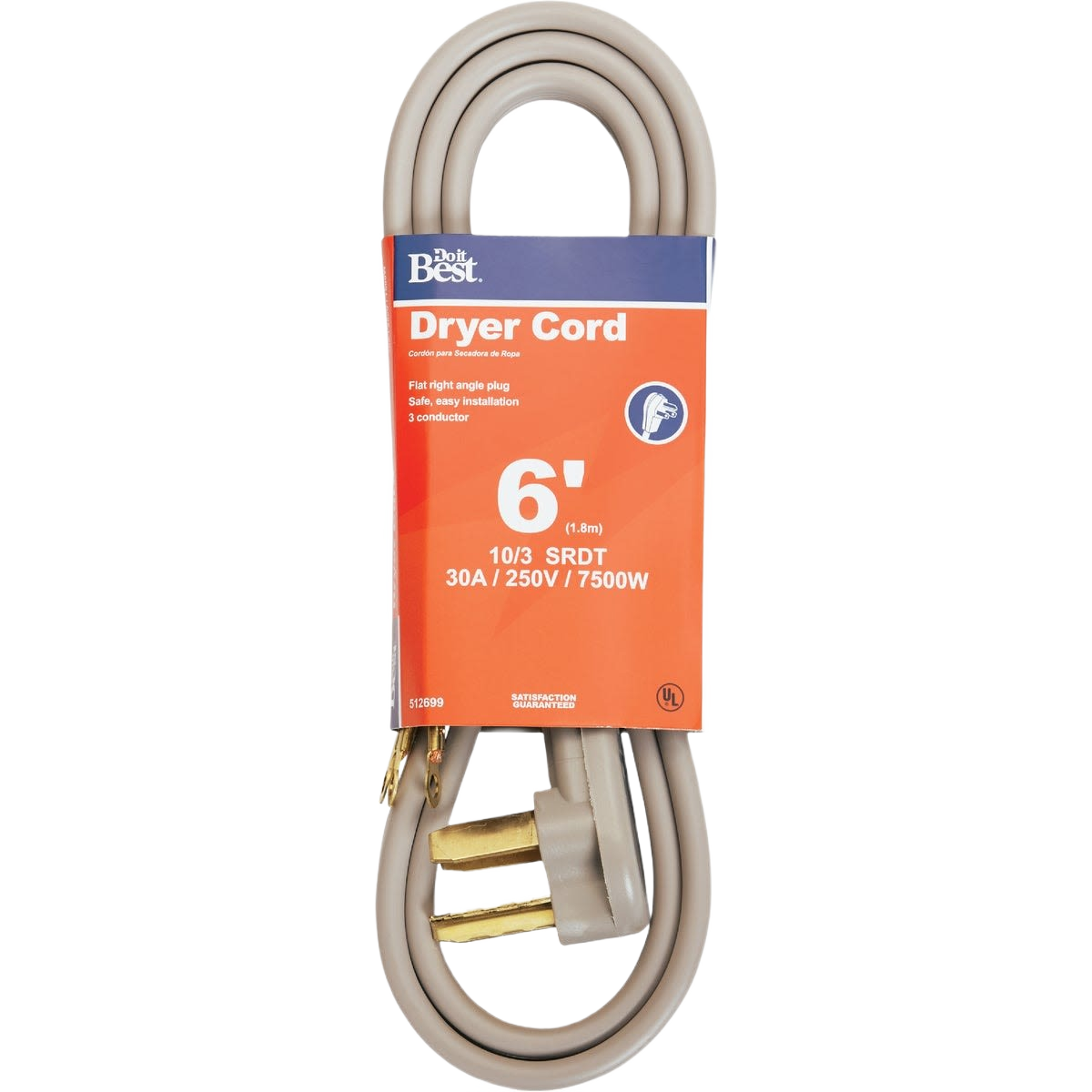 6-foot gray 30-amp dryer cord with right angle plug for appliance parts and electrical home improvement use