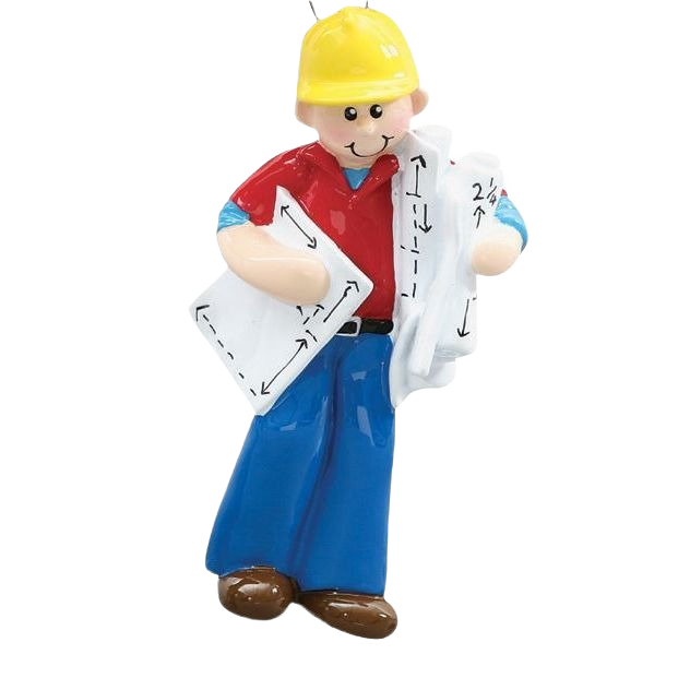 Cheerful male construction worker ornament wearing yellow helmet and holding blueprints from Christmas collection