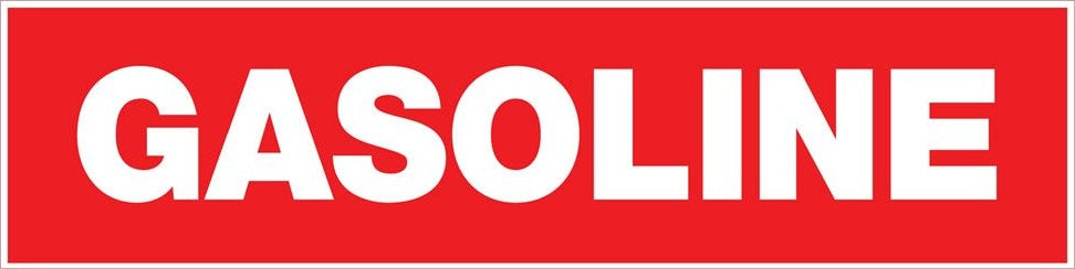Red and white nickel Mylar gasoline sign with self-adhesive backing for hardware and home improvement use