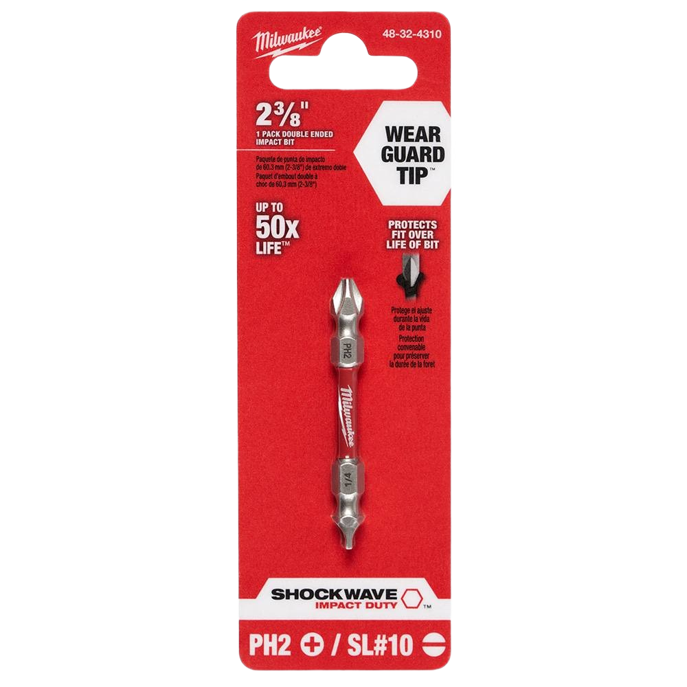 Double-ended steel impact bit with Wear Guard Tip on red Milwaukee packaging in tool accessories and drill bits collections