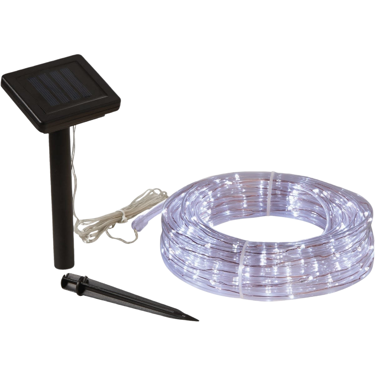 Cool white LED solar rope light with black solar panel stake for outdoor lighting and lawn decor collections
