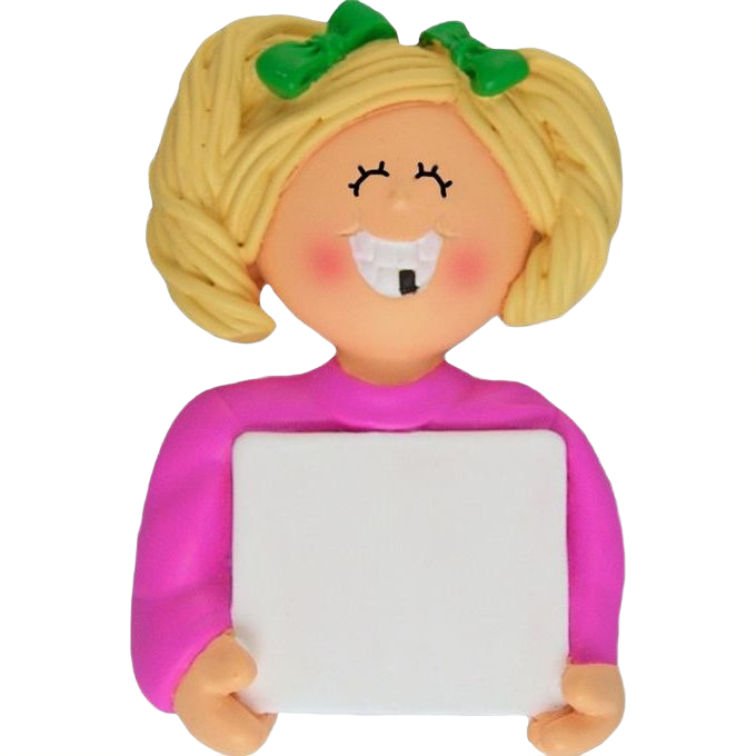 Blonde girl ornament with green bows and missing tooth holding blank white sign in Christmas decorations under $50 collection
