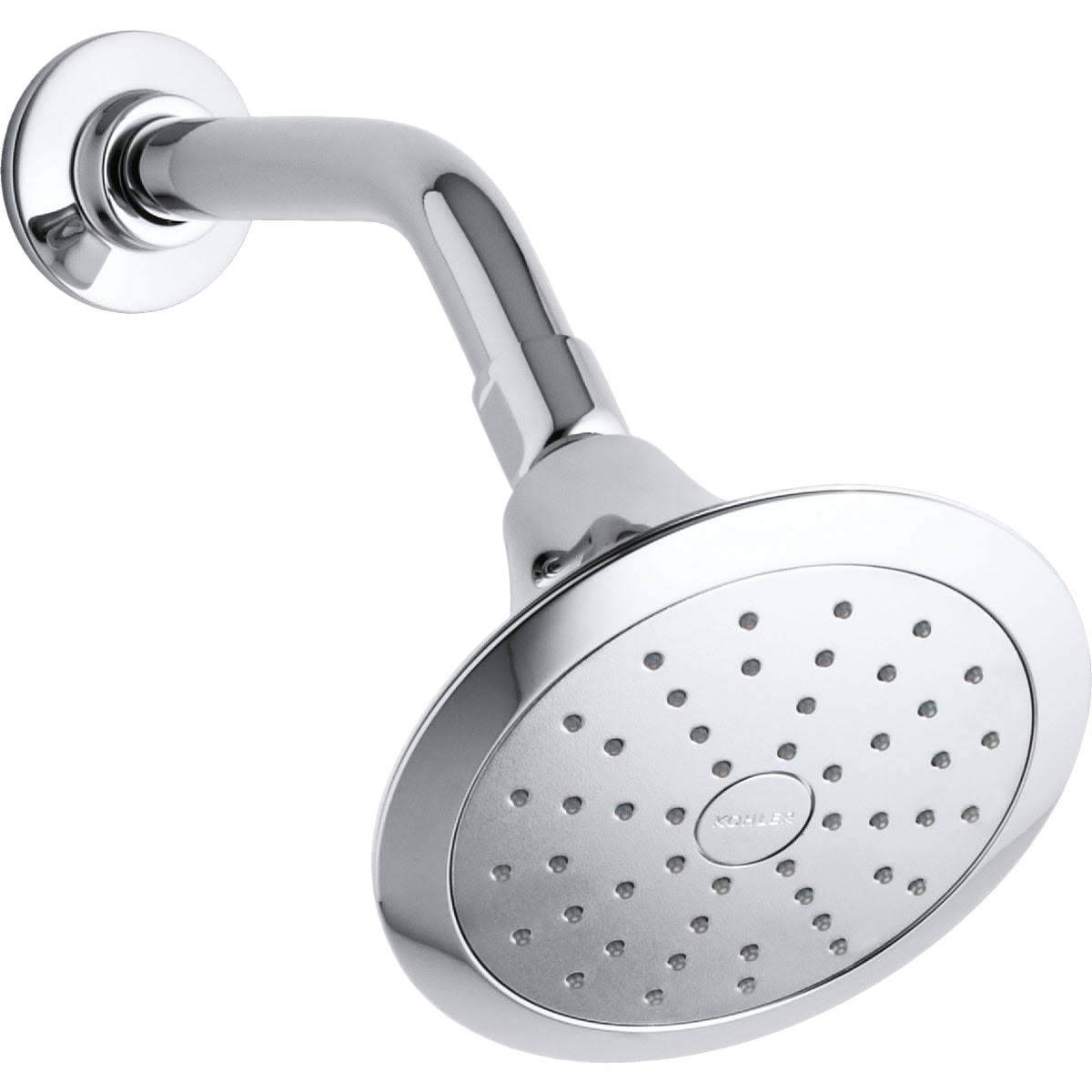 Polished chrome fixed showerhead with round spray face and wall mount arm for home improvement use.