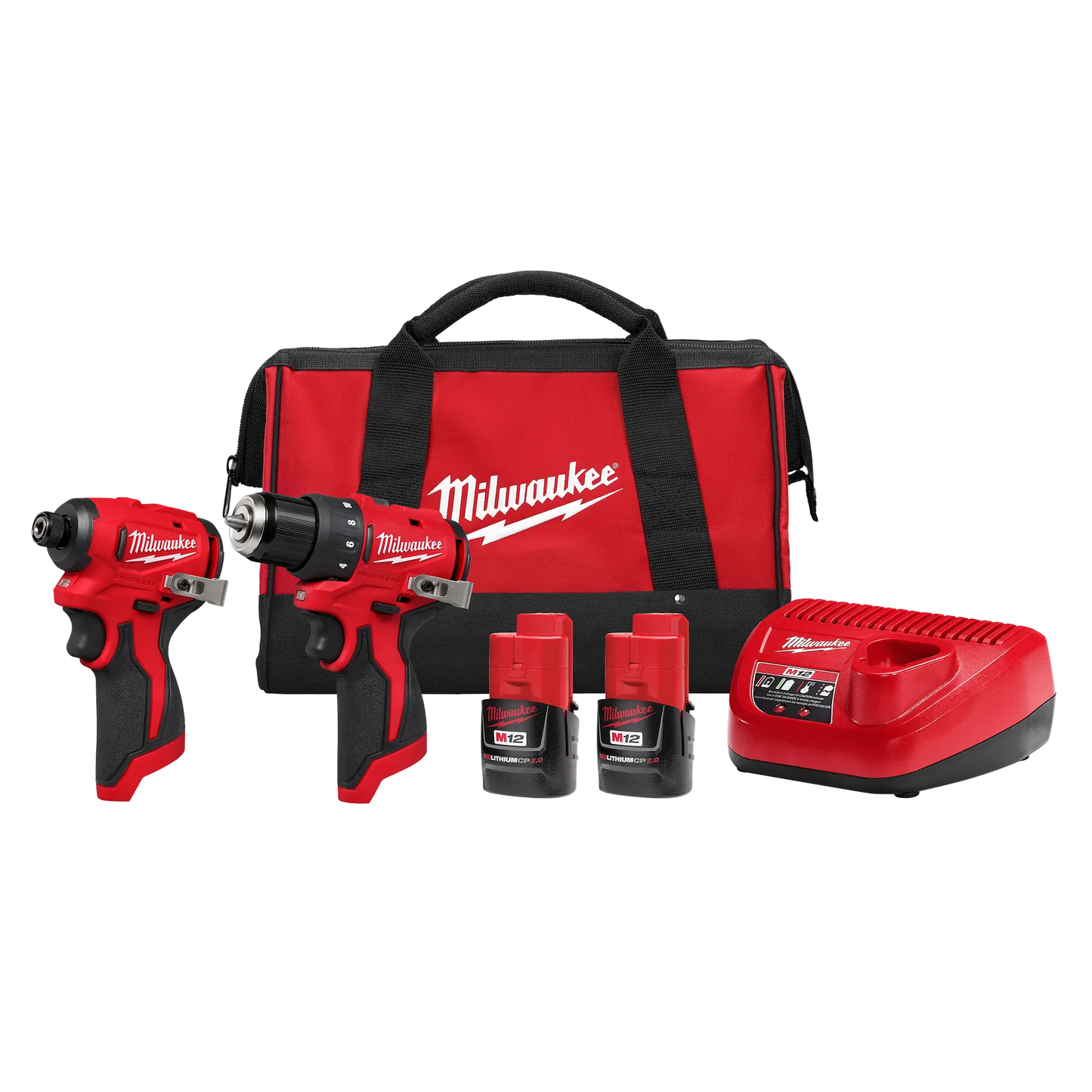 Red subcompact cordless drill and impact driver kit with batteries, charger, and tool bag for home improvement tasks