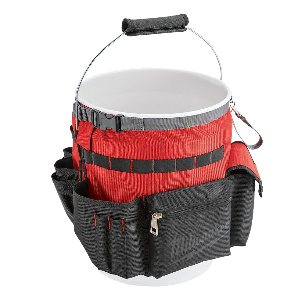 Red and black Milwaukee bucket wrap with multiple pockets for tool and jobsite storage in woodworking and cleaning collections