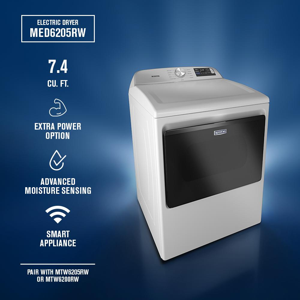 White top load electric dryer with digital controls and smart features, displayed against blue background in dryers collection.