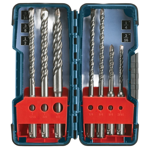 Set of seven carbide-tipped SDS-plus drill bits in a blue case, suitable for power tool accessories and home improvement tasks