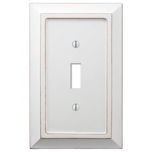 Distressed white wood toggle switch wallplate with rustic detailing for home improvement and decor upgrades