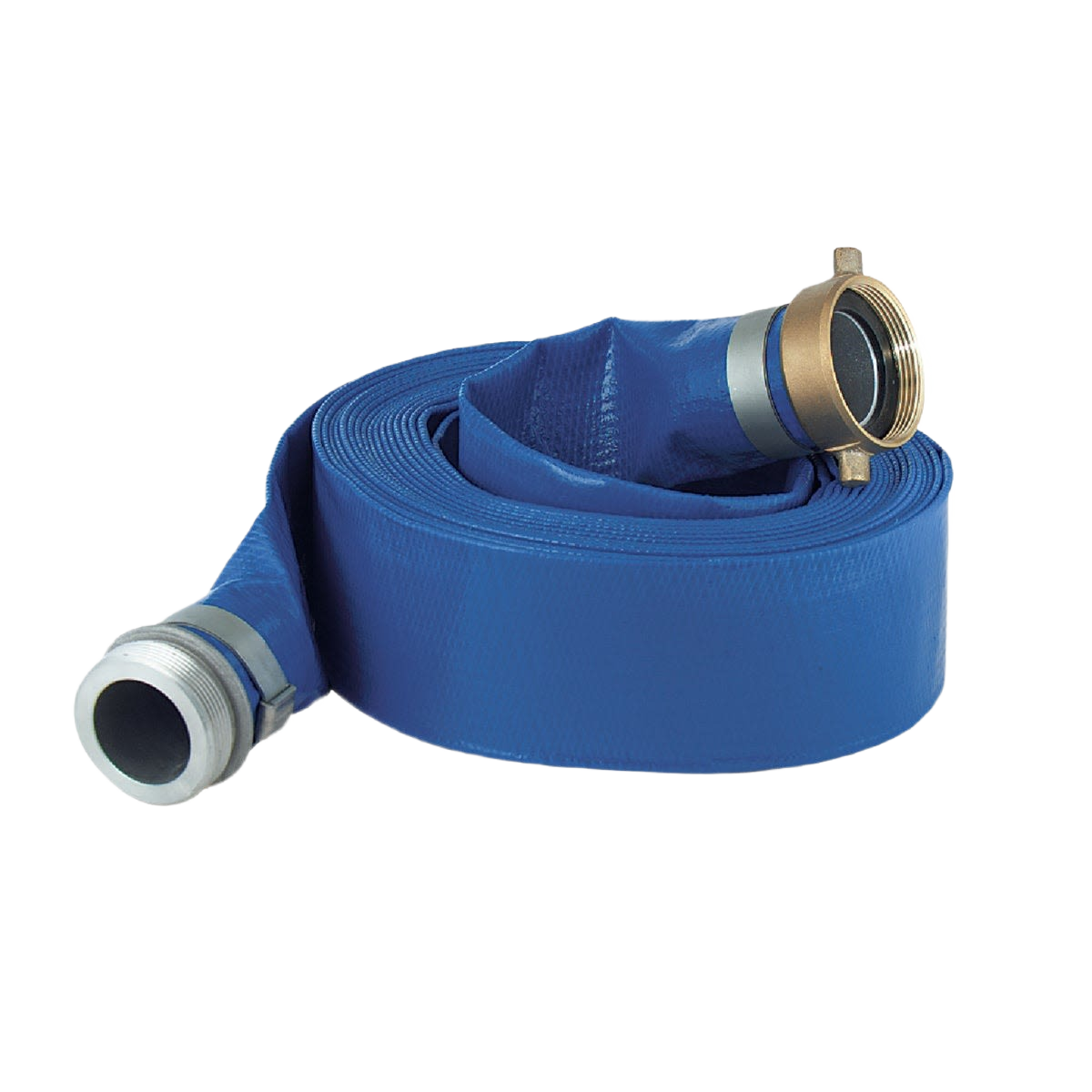 Blue flexible PVC discharge hose with aluminum fittings for power tool accessories and home improvement use