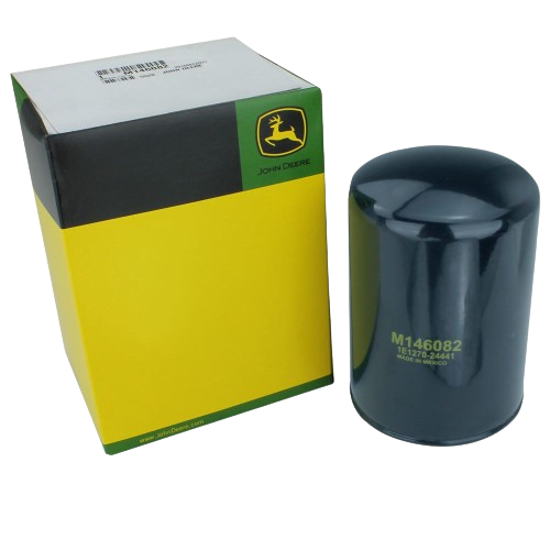 Black cylindrical hydraulic oil filter with printed model number next to yellow and black box for parts and lubricants collection