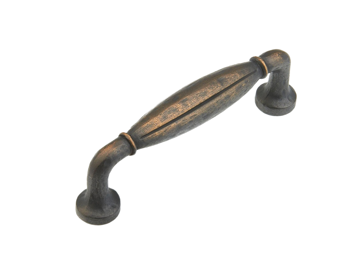 Rustic style cabinet pull in ancient bronze finish with 96mm center-to-center measurement in furniture hardware collection
