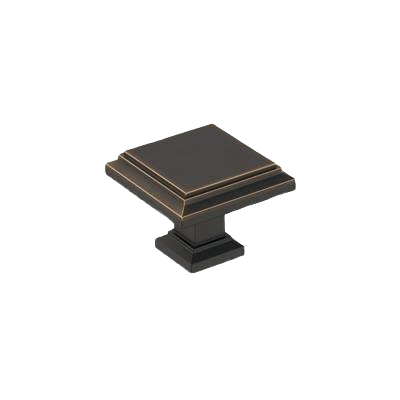 Square oil-rubbed bronze cabinet knob with classic stepped edges for home improvement and furniture hardware projects