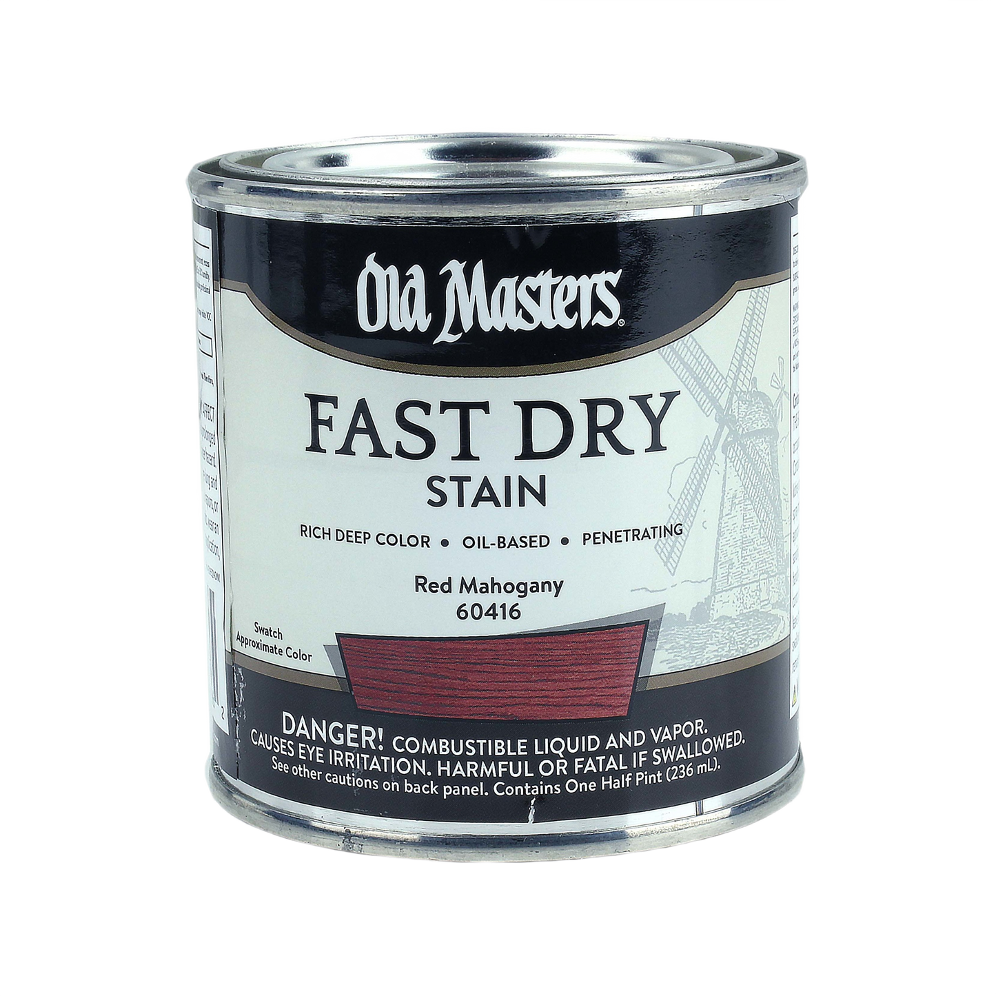 Can of Old Masters fast drying oil-based interior red mahogany wood stain for home improvement projects