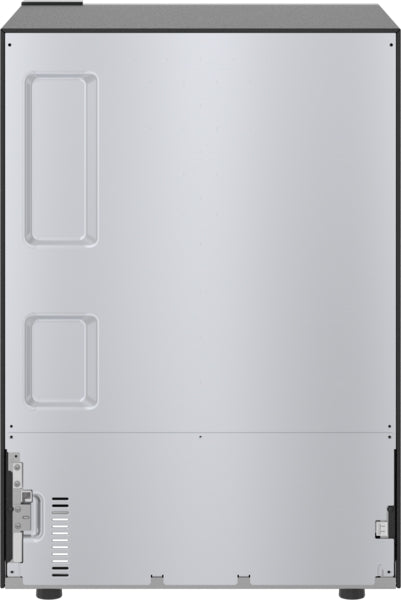 Back view of a stainless steel under-counter refrigerator designed for kitchen and appliance installation.
