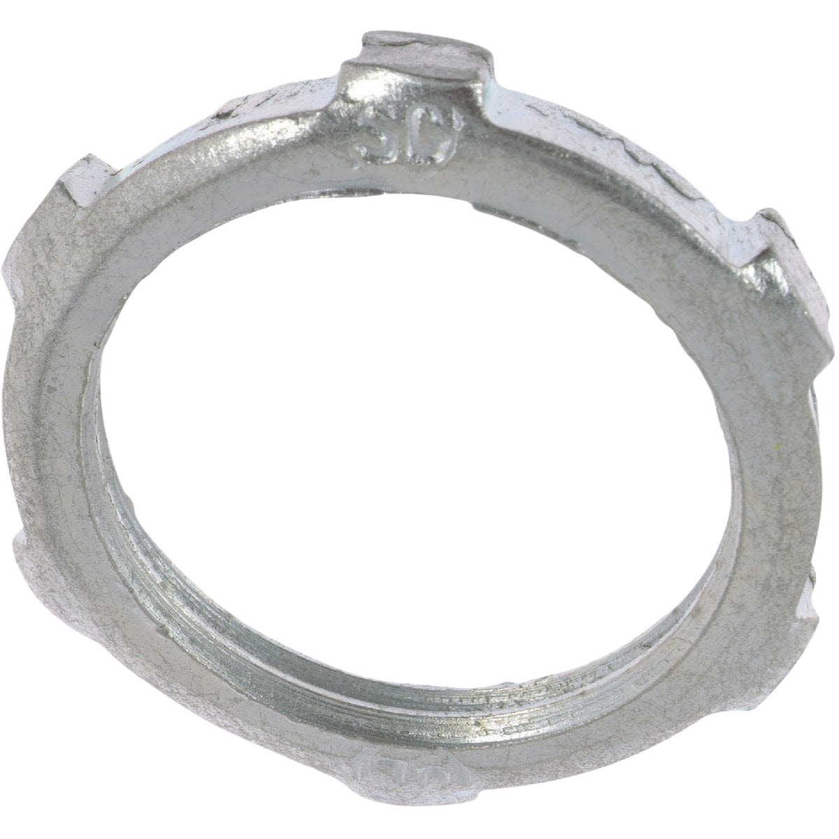 Galvanized metal conduit locknut with raised grips for securing electrical conduit in home improvement projects