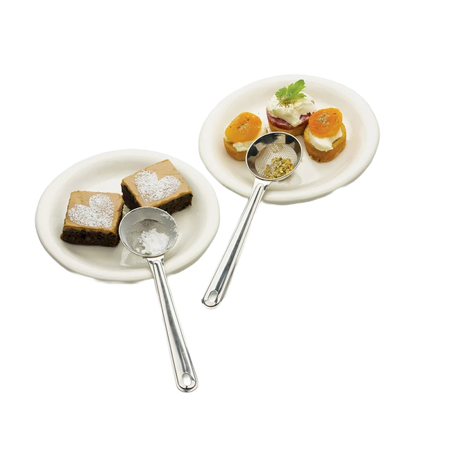 Two stainless steel mini sifters with fine and coarse mesh displayed with desserts on white plates for kitchenware under $50