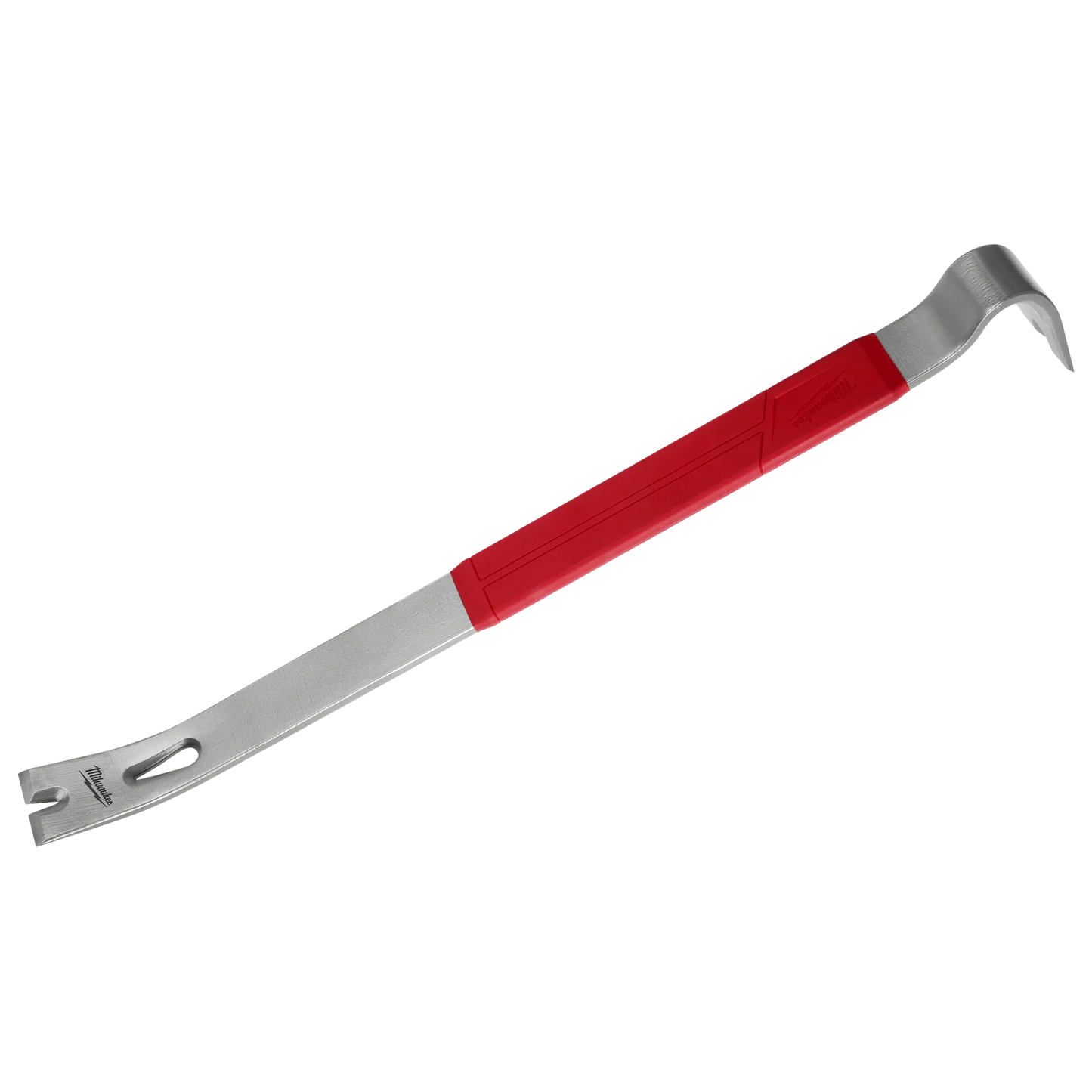 Steel pry bar with angled and flattened ends and a red grip for leverage in home improvement tasks