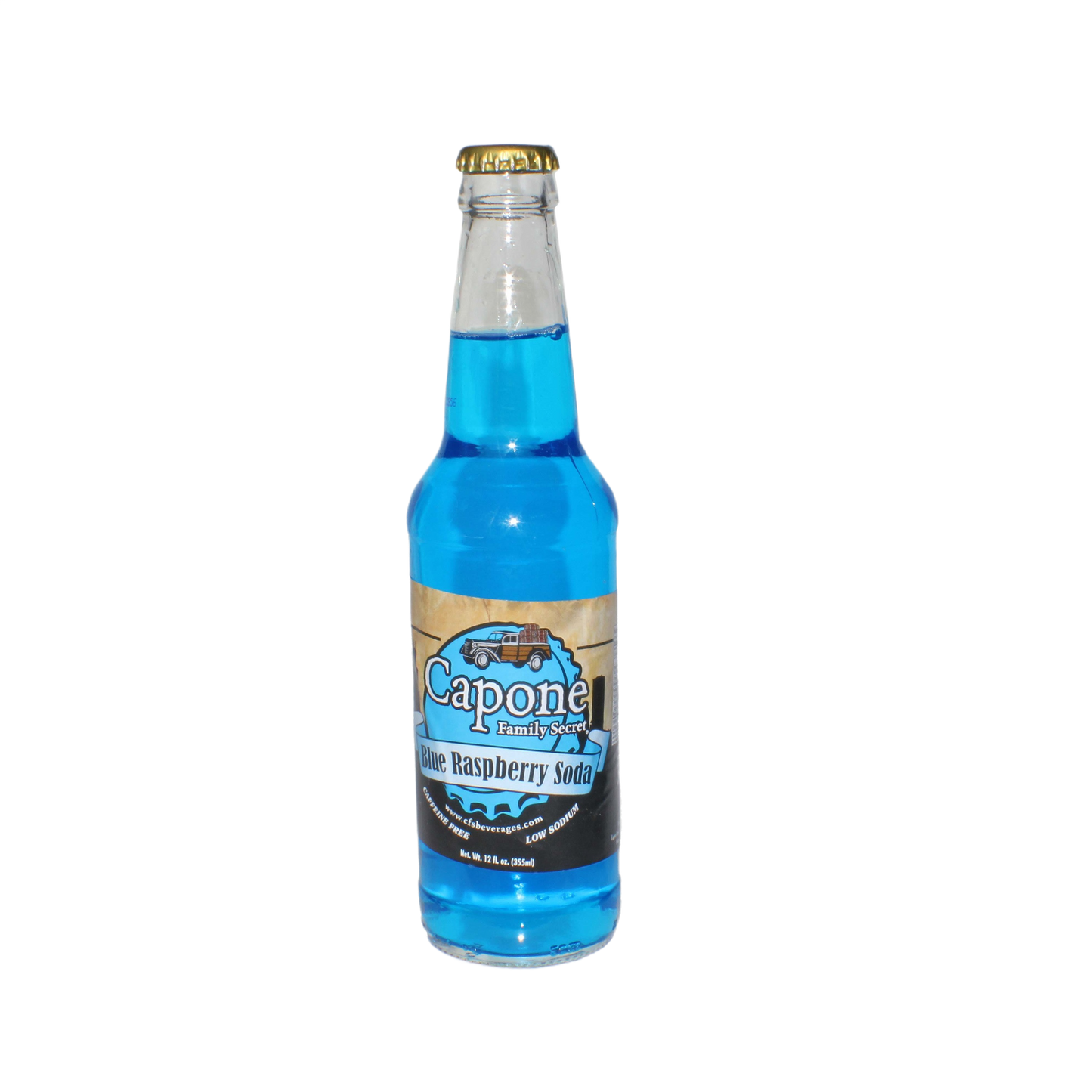 Glass bottle of bright blue raspberry craft soda with vintage-style label in food and beverage under $25 collections
