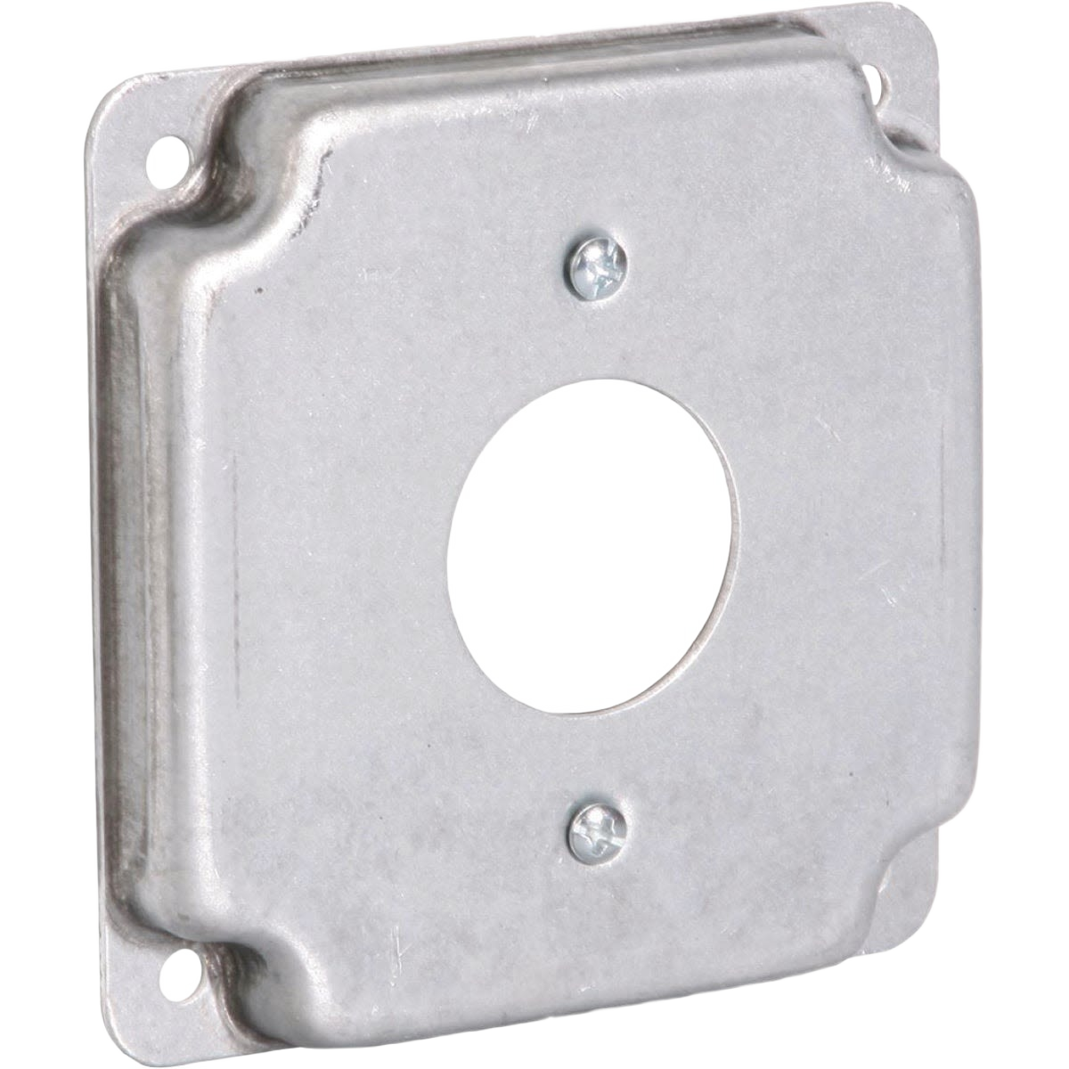 Square metal device cover with central circular opening and mounting holes for electrical receptacles in home improvement tasks