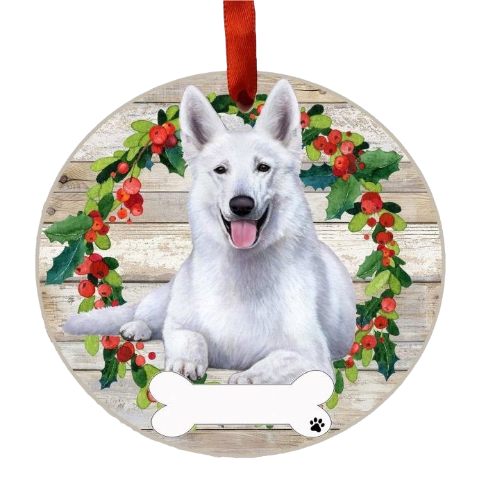 Round Christmas ornament featuring a white German Shepherd with a festive holly and berry wreath background