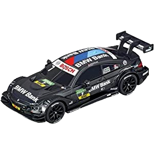 Black miniature BMW M4 DTM slot car model with racing decals and rear spoiler, 1:43 scale collectible toy.