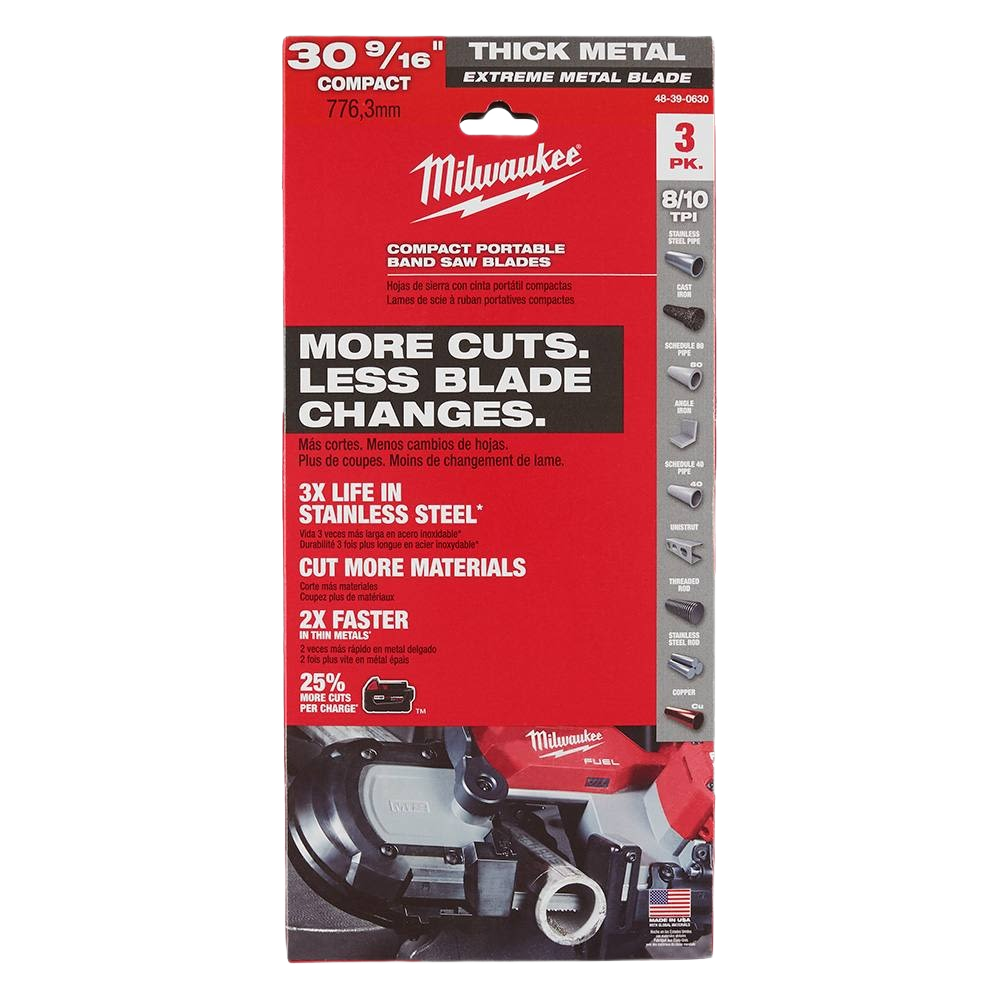 Pack of three thick metal band saw blades with 8/10 TPI designed for cutting various metals in home improvement tools