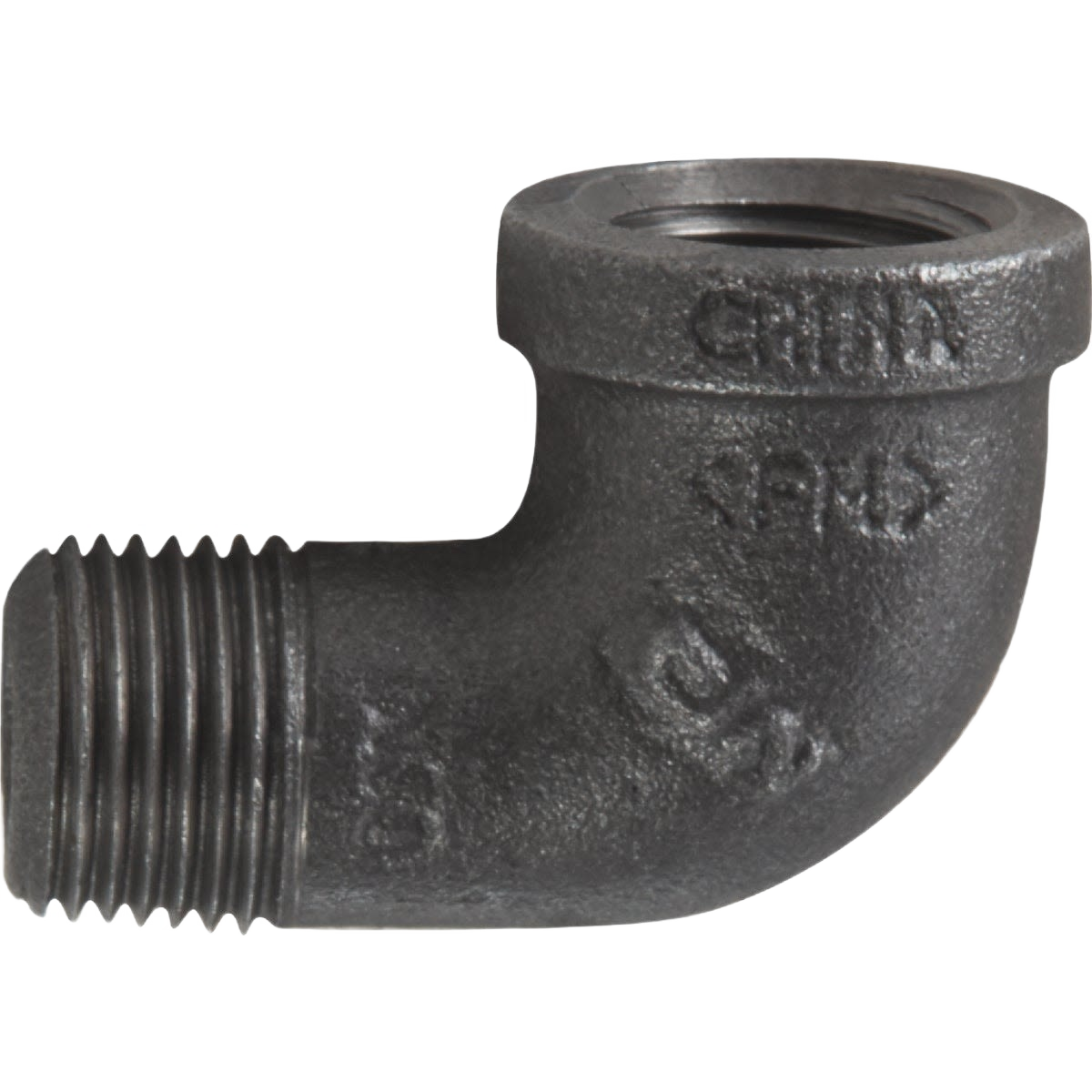 Malleable black iron pipe fitting elbow with threaded male and female ends for plumbing and home improvement use
