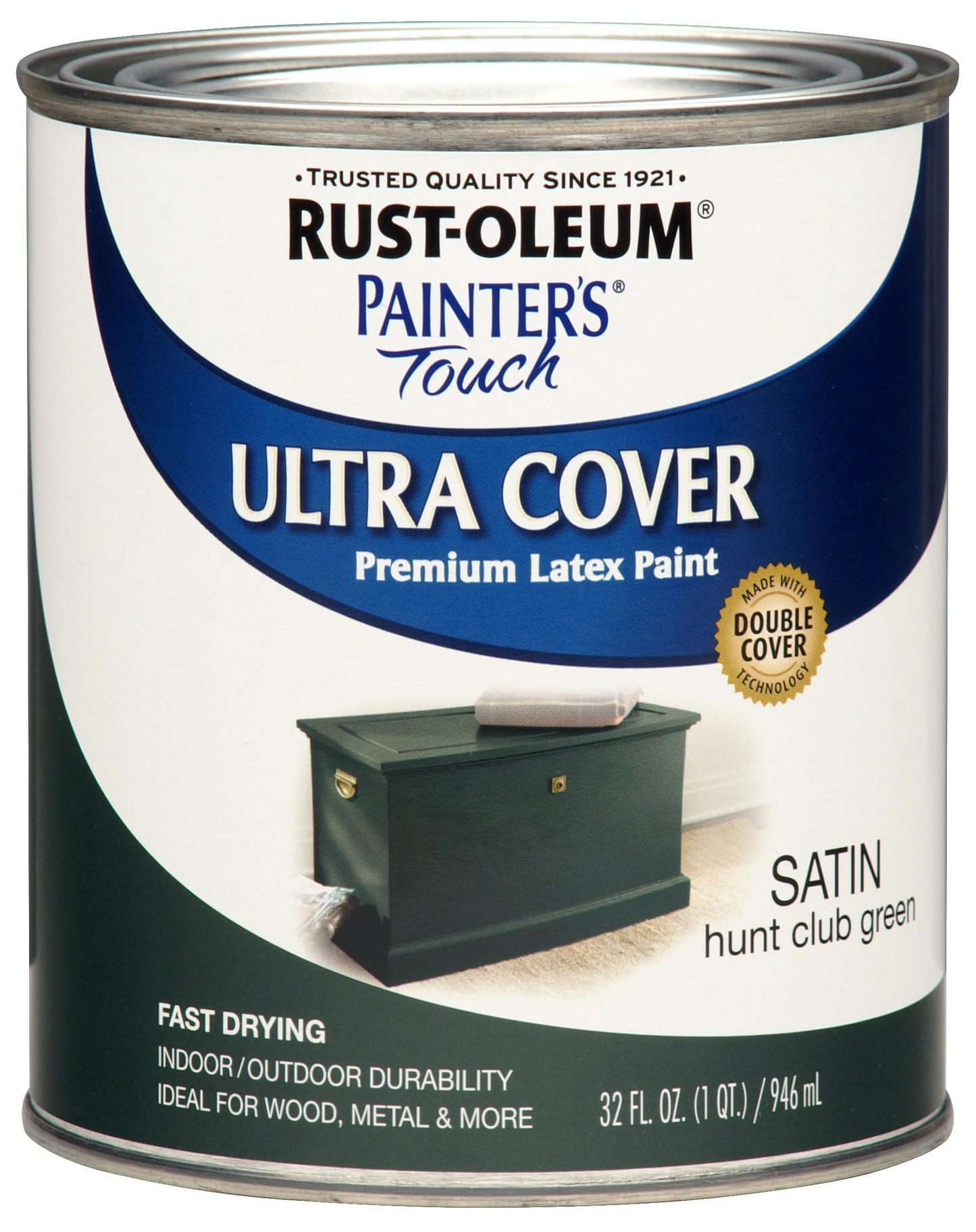 32 oz. can of Rust-Oleum Satin Hunt Club Green premium latex paint for indoor and outdoor home improvement projects